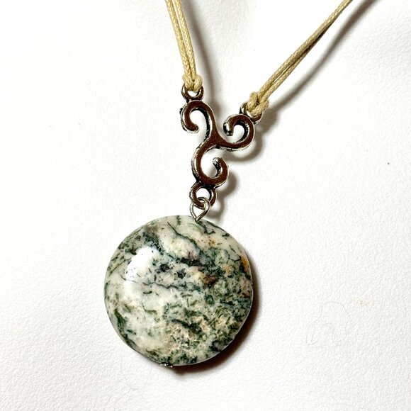 2/$20, Natural Green Tree Agate Necklace, Genuine Gemstone Cord Necklace - Picture 1 of 12